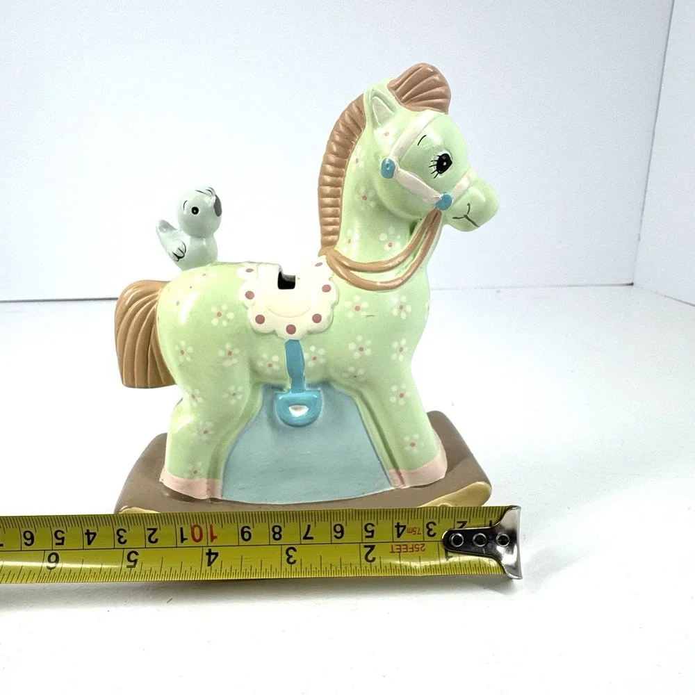 Enesco Handpainted Rocking Horse & Bird Coin Bank Nursery VTG 1982